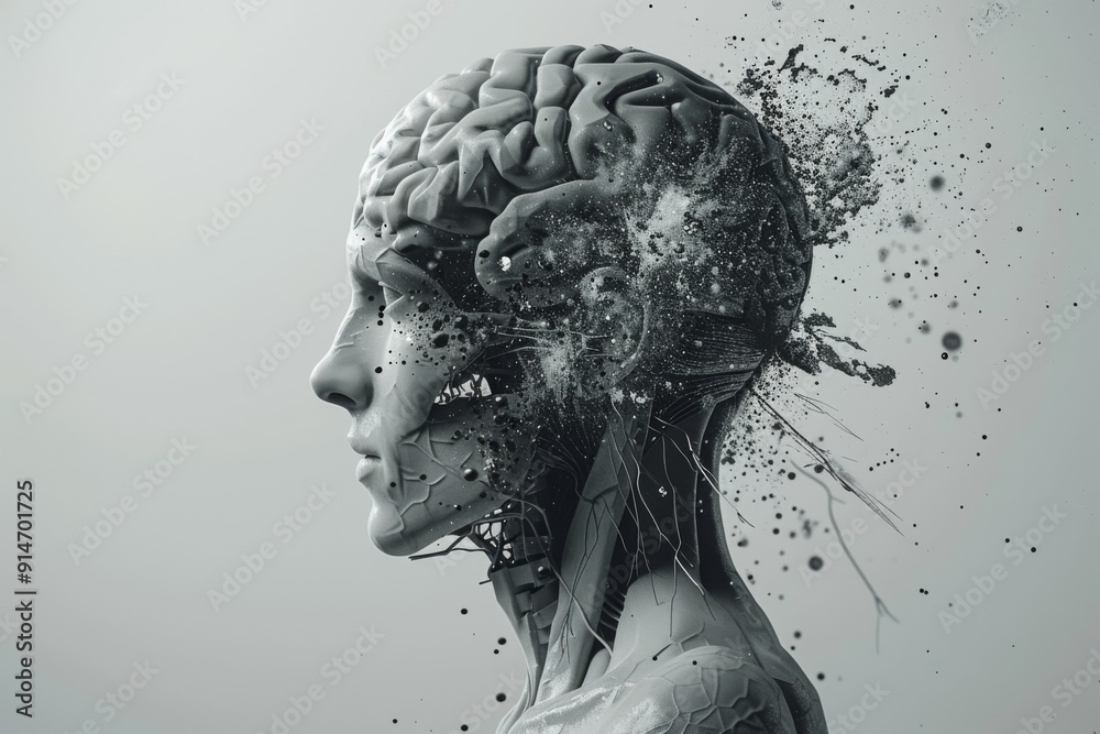 Detailed grayscale digital art of human brain profile merging with neural network highlighting the intersection of technology biology and artificial intelligence concepts Detailed grayscale digital art of human brain profile merging with neural network highlighting the intersection of technology biology and artificial intelligence concepts