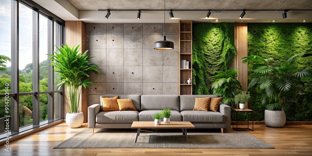 Stylish living room with contemporary sofa, green plants, large windows, and concrete accent wall, modern
