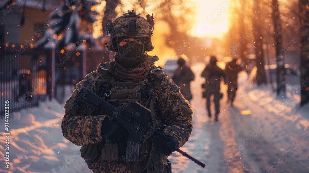 A soldier stands in a snowy street with his weapon at the ready. AI. A soldier stands in a snowy street with his weapon at the ready. AI.