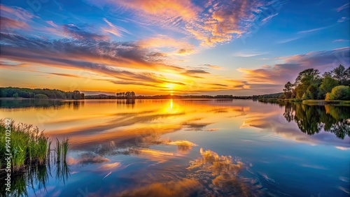 Peaceful sunset scene over tranquil lake , sunset, peaceful, serene, water, reflection, dusk, nature, landscape, calm, tranquil