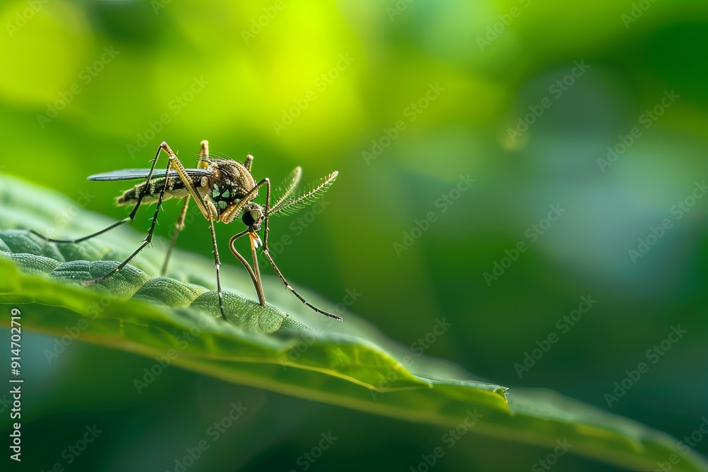 A mosquito perched on a green leaf, with a blurred natural background, ample copy space on the right.World Mosquito Day.August 20th.World Malaria Day. A mosquito perched on a green leaf, with a blurred natural background, ample copy space on the right.World Mosquito Day.August 20th.World Malaria Day.