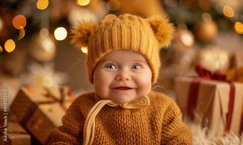 A happy baby in a yellow knitted hat and sweater. AI. A happy baby in a yellow knitted hat and sweater. AI.