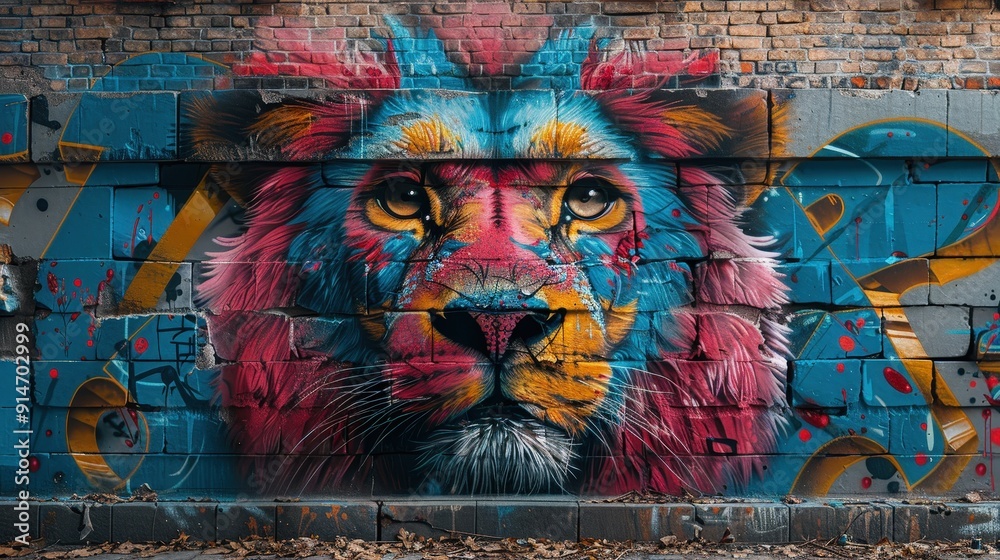 Fototapeta premium lion portrait, with graffiti drawing, colorful and different designs, animal pictures