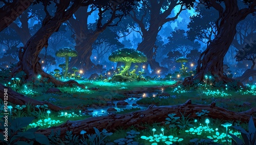 A mystical forest illuminated by large glowing mushrooms and fireflies under a moonlit sky