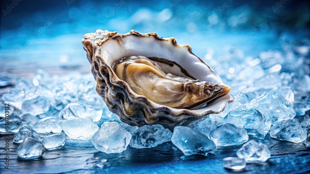 Fresh oyster on ice with a blue background, oyster, fresh, seafood, ice, blue, raw, shellfish, gourmet, delicacy, appetizer Fresh oyster on ice with a blue background, oyster, fresh, seafood, ice, blue, raw, shellfish, gourmet, delicacy, appetizer