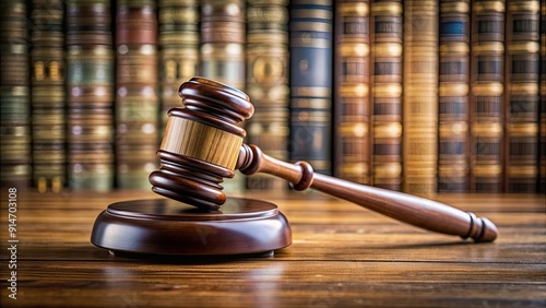 Judge's wooden gavel resting on a desk with legal books in the background, judge, gavel, wooden, desk, legal, books, background