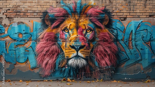 lion portrait, with graffiti drawing, art, colorful and different designs, animal pictures