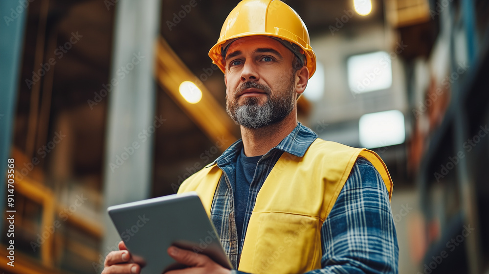A focused industrial supervisor in a yellow hard hat and safety vest uses a tablet to manage operations in a bustling factory setting. A focused industrial supervisor in a yellow hard hat and safety vest uses a tablet to manage operations in a bustling factory setting.