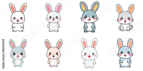 Multiple illustrations of cute rabbits, black outline lines