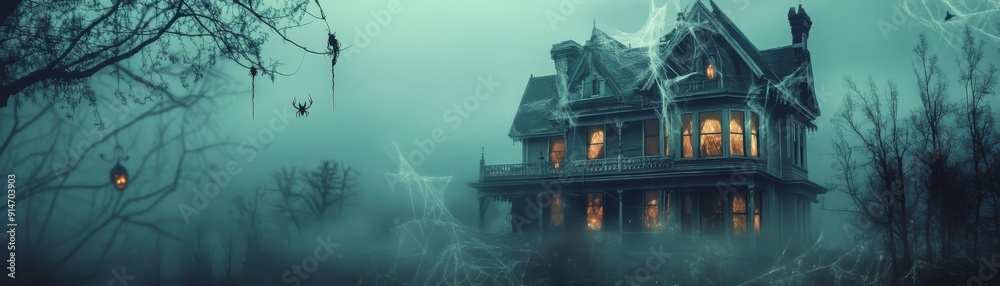 A spooky, old, abandoned Victorian house with glowing windows shrouded in fog and cobwebs. A spooky, old, abandoned Victorian house with glowing windows shrouded in fog and cobwebs.