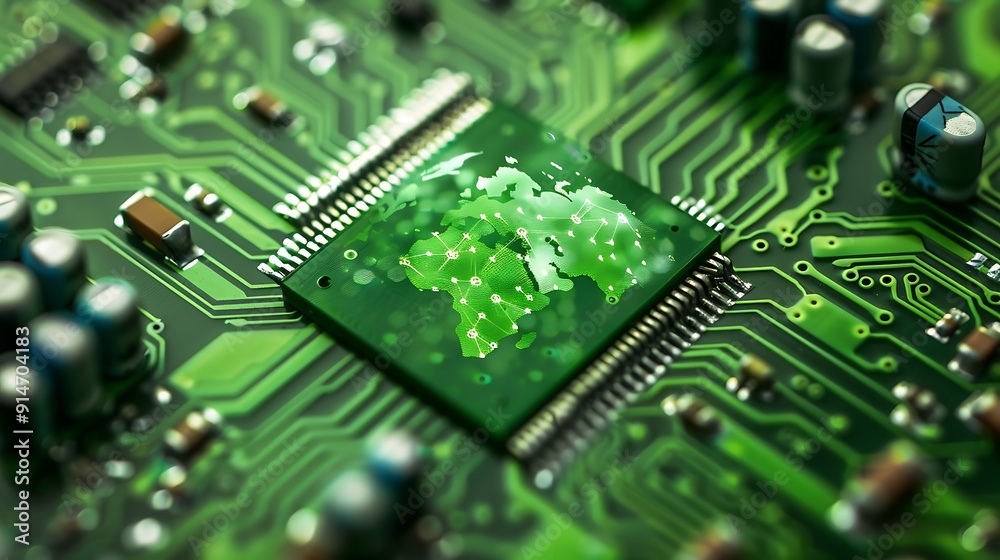 Obraz premium Global Connectivity: A Microchip with a World Map