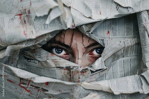 Concept of the independence of media.World Press Freedom Day.May 3rd.A creative image of a persona's face emerging from behind a newspaper photo