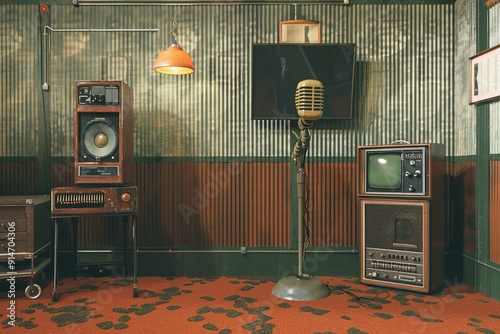 February 13th.World Radio Day.World Telecommunication Day.Vintage radio,radio station,radio station microphone.A setup of an old-fashioned radio station with a vintage microphone and soundproof walls