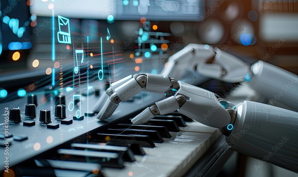 Robot Playing Piano in Modern Music Studio Robot Playing Piano in Modern Music Studio