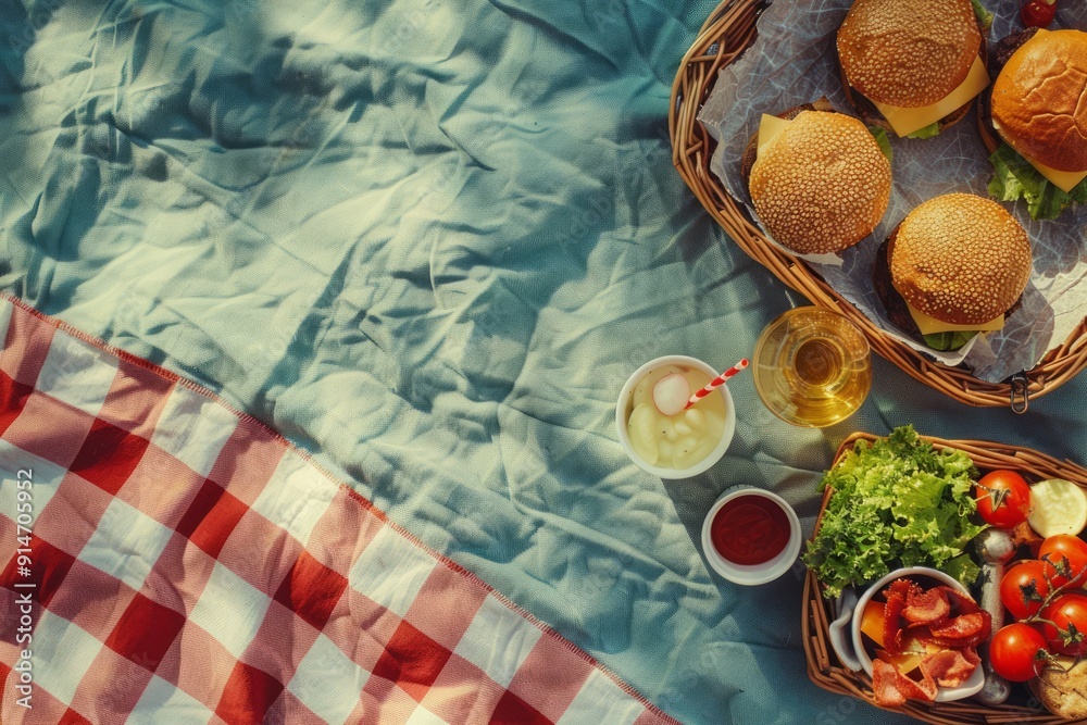 Fototapeta premium A picnic scene with a basket of burgers, drinks, and sides on a checkered blanket.National Hamburger Day.Fast Food Day.National Burger Day.National Cheeseburger Day.