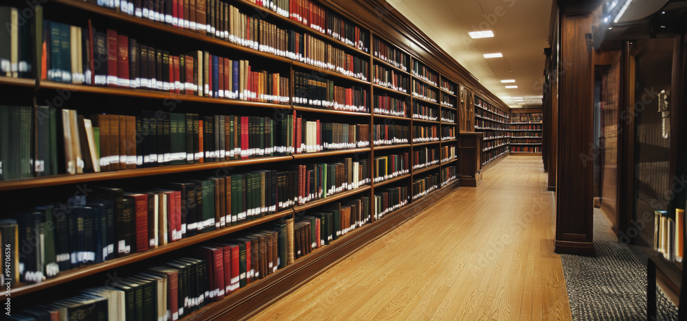 Fototapeta premium Quiet Aisle of an Expansive Library With Wooden Shelves Holding Countless Books During Daytime