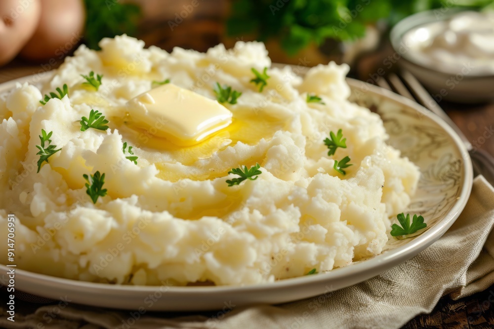 National Potato Day.August 19th.A plated dish of creamy mashed potatoes with a pat of butter melting on top. National Potato Day.August 19th.A plated dish of creamy mashed potatoes with a pat of butter melting on top.
