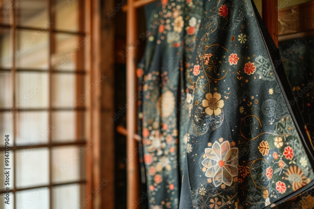 Traditional japanese yukata.Tanabata festival.A close-up of a beautifully patterned yukata hanging on a traditional wooden rack. Traditional japanese yukata.Tanabata festival.A close-up of a beautifully patterned yukata hanging on a traditional wooden rack.