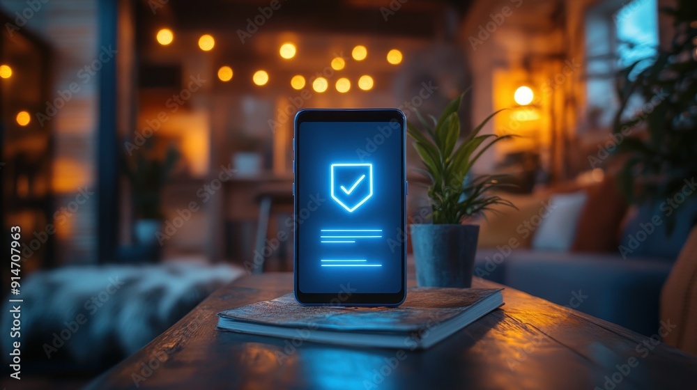 Man showcasing blue neon checklist icon from smartphone, insurance policy assessment concept, medium shot, minimal look. space for text Man showcasing blue neon checklist icon from smartphone, insurance policy assessment concept, medium shot, minimal look. space for text