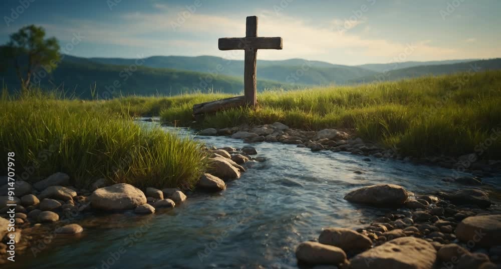 cross by the river, christian background, motion loop