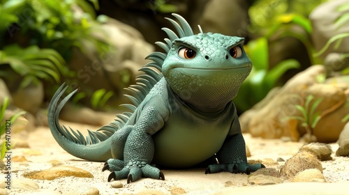 Fototapeta Naklejka Na Ścianę i Meble -  Cute Cartoon Lizard in a Tropical Environment