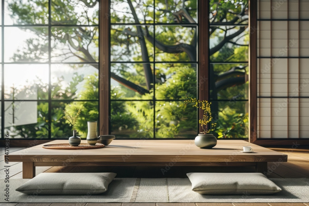 A cozy Japanese room with a tatami mat, low wooden table, and traditional decor.Japanese living room.Tatami mat.Zen living room. A cozy Japanese room with a tatami mat, low wooden table, and traditional decor.Japanese living room.Tatami mat.Zen living room.