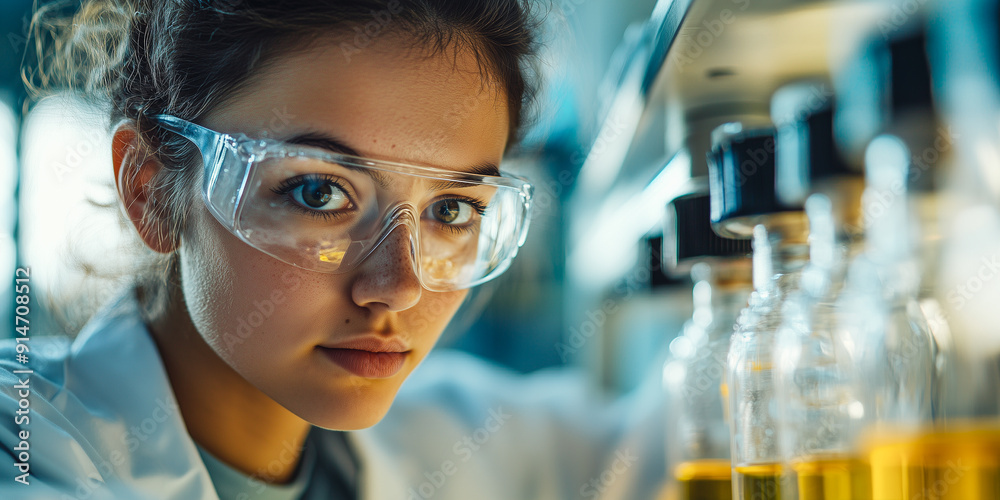 A young female scientist examines samples under a microscope, her focused gaze reflecting the intensity of medical research. A young female scientist examines samples under a microscope, her focused gaze reflecting the intensity of medical research.