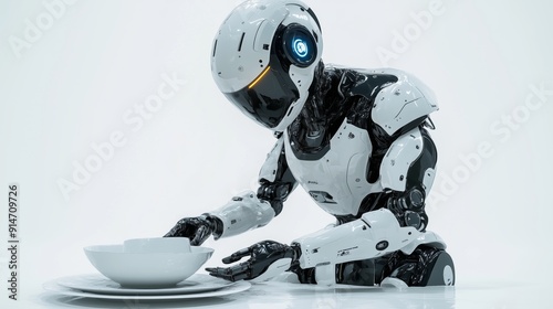 Humanoid android machine interactive robot pcleaning dishes on a white background. Generative AI
