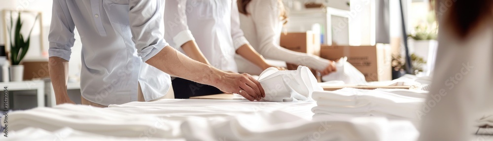 Folding white shirts in a workspace. Folding white shirts in a workspace.