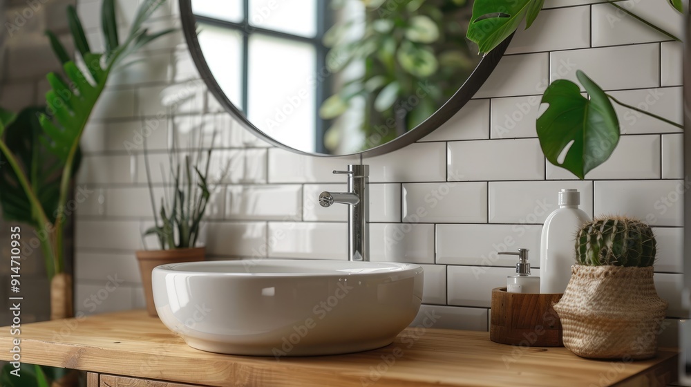 Fototapeta premium Bathroom interior with wooden counter, white sink, and round mirror above.