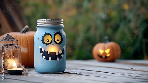 Festive Halloween scene featuring a painted jar lantern and glowing pumpkins on a rustic wooden table.