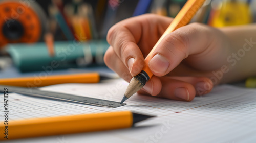 A detailed close-up of a student hand holding a ruler, drawing a straight line on graph paper.