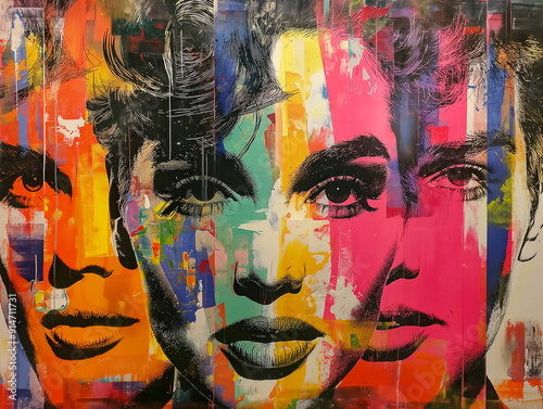 A painting of three women's faces with different colors and styles. The painting is a mix of abstract and realistic elements, with the women's faces appearing to be in different stages of expression