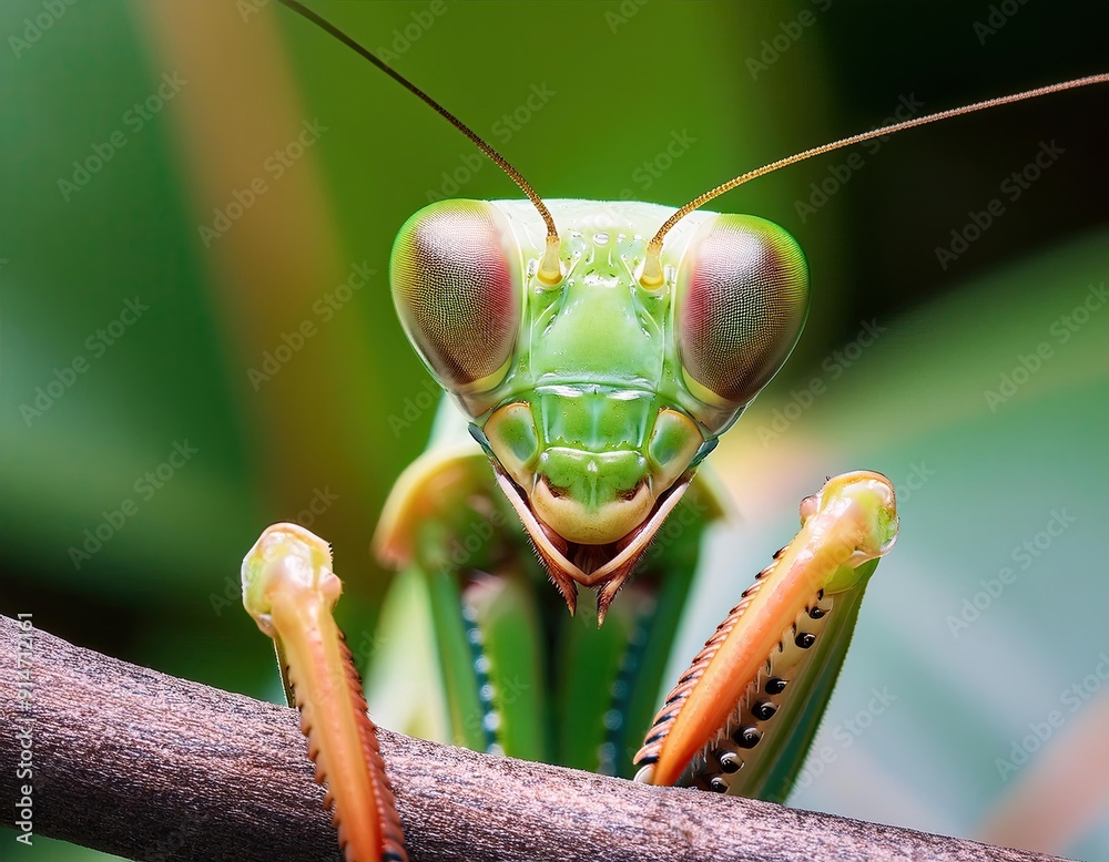 Close up of a praying mantis with big green eyes standing on a blurred green background. The insect has a long, thin body and long legs Close up of a praying mantis with big green eyes standing on a blurred green background. The insect has a long, thin body and long legs