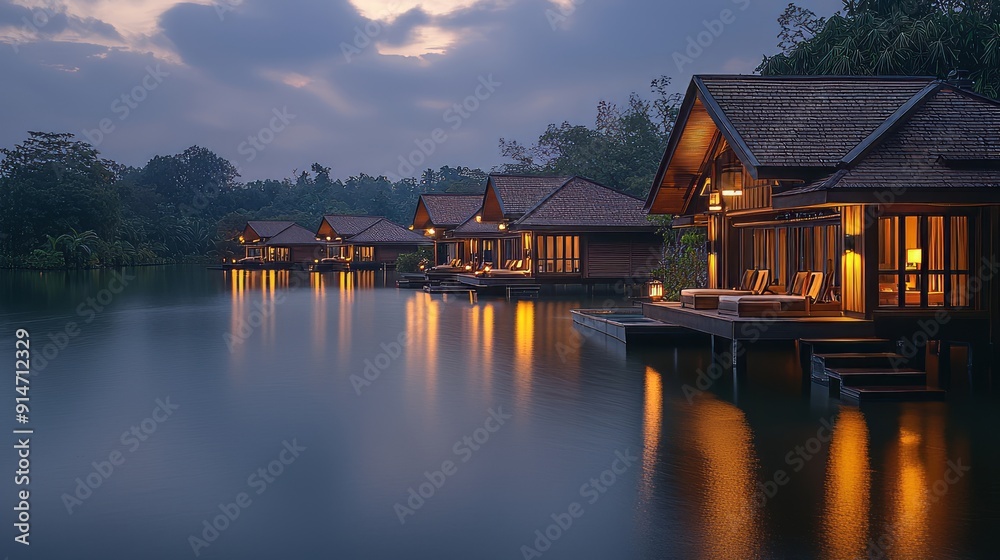 Obraz premium Luxury overwater bungalows at night in a serene tropical setting