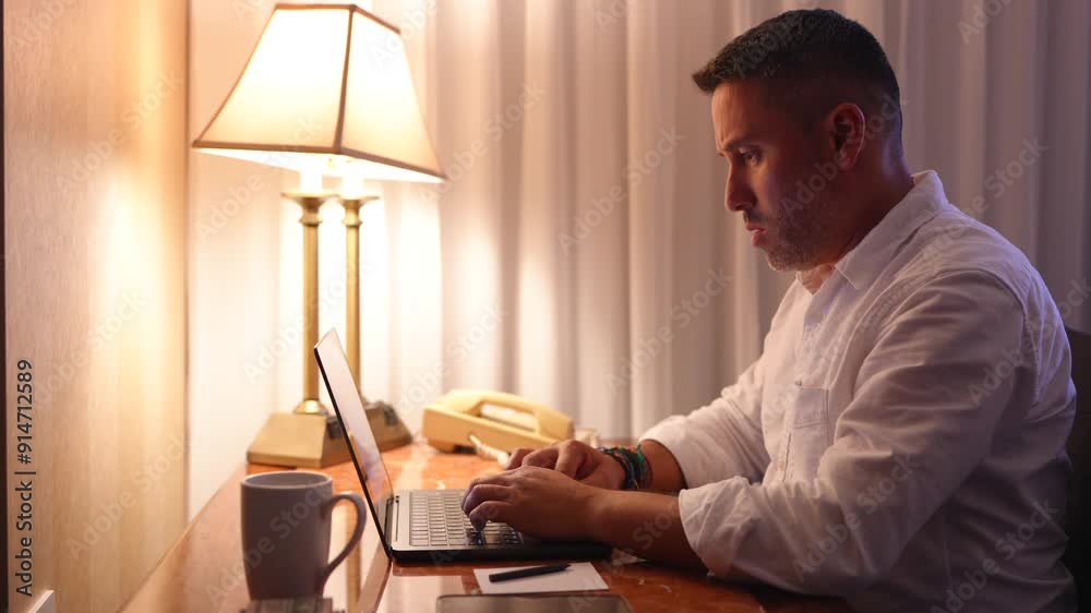 Hombre trabajando de noche frente a la computadora sentado en un escritorio en la habitación de un hotel