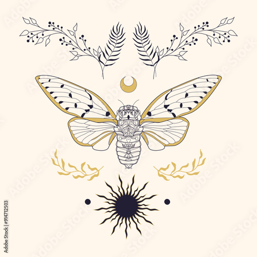 mystic cicada moth outline. esoteric spiritual elements