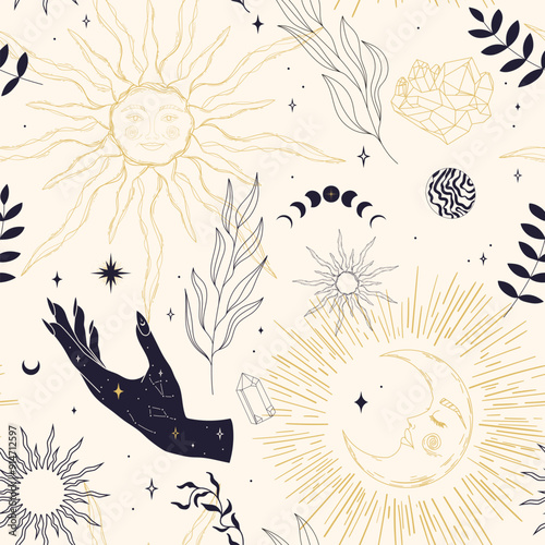 seamless pattern hand drawing sun and moon. esoteric mystic celestial elements