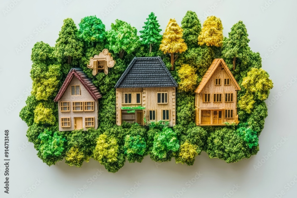 Miniature green neighborhood concept showcasing eco friendly living with lush gardens perfect for sustainability themes Miniature green neighborhood concept showcasing eco friendly living with lush gardens perfect for sustainability themes