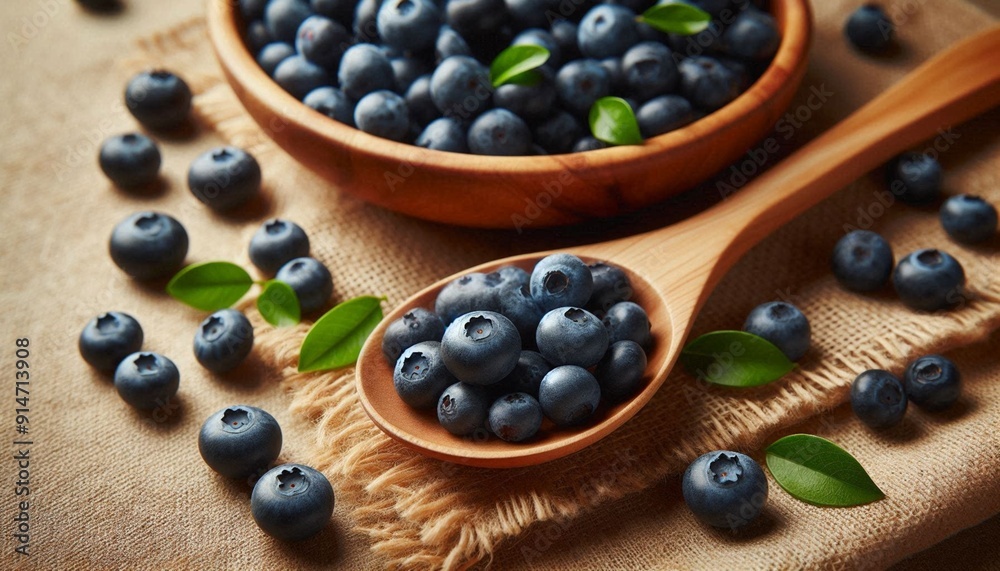 Fresh Blueberries on Wooden Spoon and Wooden Bowl with Burlap Background Close Up. Fresh Blueberries on Wooden Spoon and Wooden Bowl with Burlap Background Close Up.