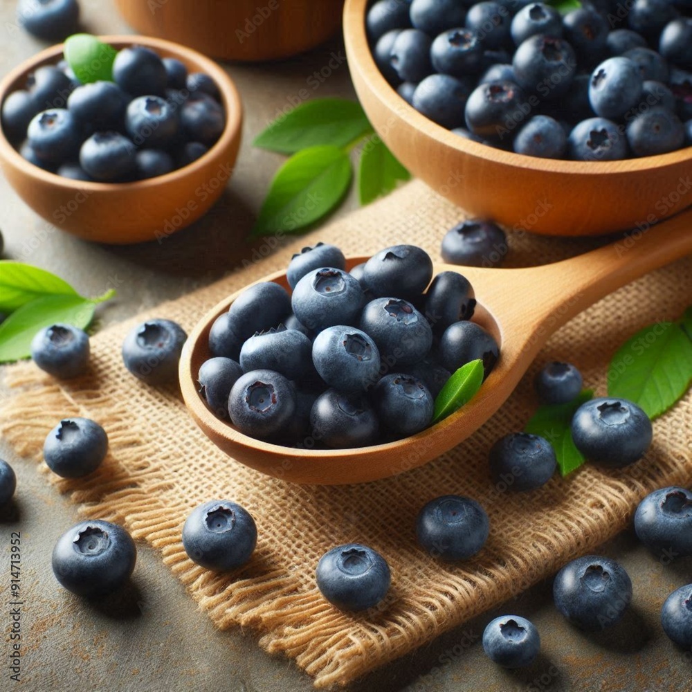 Fresh Blueberries on Wooden Spoon and Wooden Bowl with Burlap Background Close Up. Fresh Blueberries on Wooden Spoon and Wooden Bowl with Burlap Background Close Up.