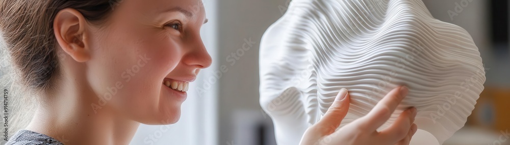 Close-up of an artist admiring a 3D printed sculpture with intricate details, featuring a serene smile. Close-up of an artist admiring a 3D printed sculpture with intricate details, featuring a serene smile.