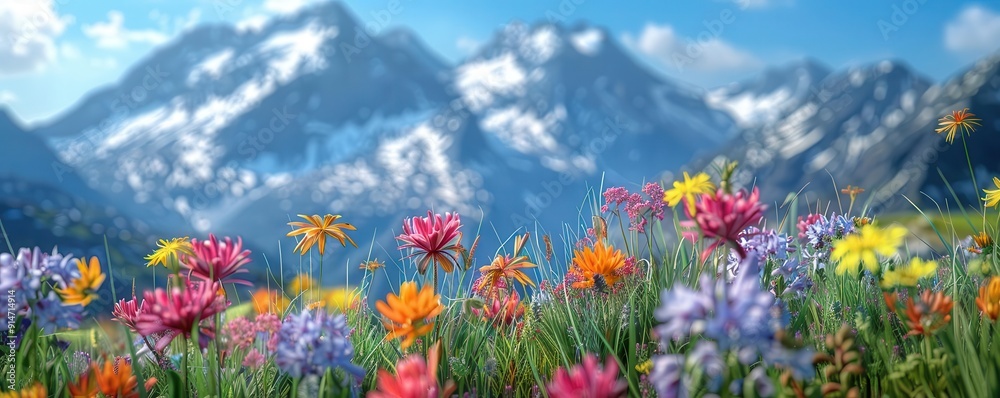 Mountain landscape bursting with vibrant flora, close up, theme majesty, vibrant, composite, alpine backdrop Mountain landscape bursting with vibrant flora, close up, theme majesty, vibrant, composite, alpine backdrop
