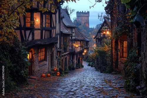 Twinkling lanterns illuminate a cobblestone path in a quaint village, with pumpkins adorning doorsteps and a castle tower in the background as night falls