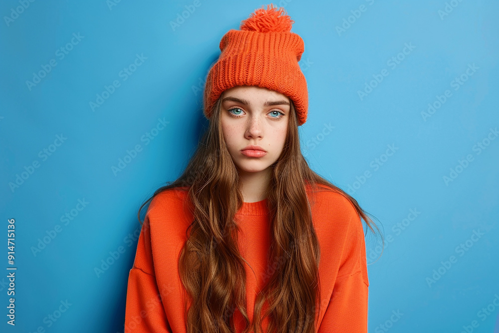 A young woman with long brown hair wears a bright orange beanie and matching sweater, standing against a blue background. She looks directly at the camera with a neutral expression. A young woman with long brown hair wears a bright orange beanie and matching sweater, standing against a blue background. She looks directly at the camera with a neutral expression.