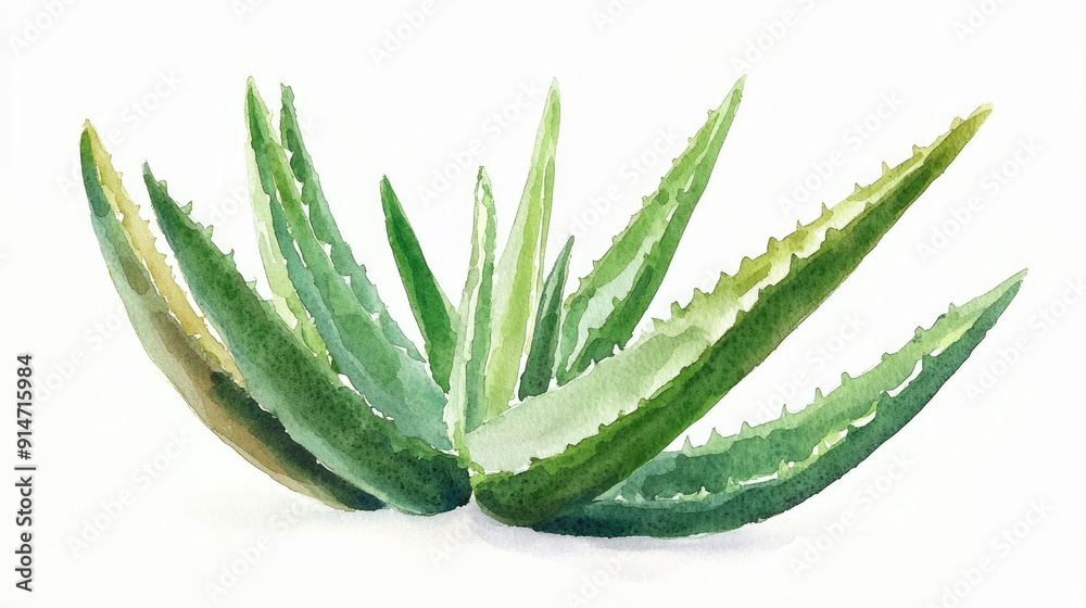 Watercolor Painting of Aloe Vera Plant with Green Spiky Leaves on White Background Watercolor Painting of Aloe Vera Plant with Green Spiky Leaves on White Background