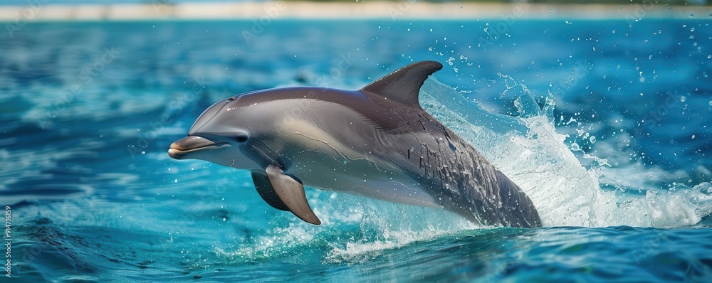 Fototapeta premium Boat ride with dolphins, playful interactions, dynamic, silhouette, beach backdrop