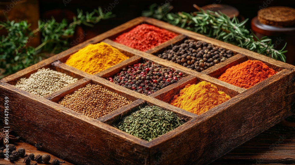 Fototapeta premium Assorted spices in wooden box with rustic background