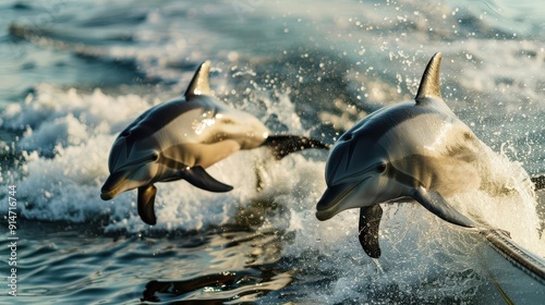 Dolphins jumping near boat, water splashing, dynamic, silhouette, coastal backdrop photo