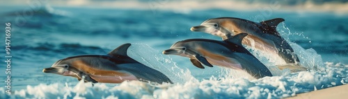 Dolphins playing in the surf, ocean waves, vibrant, silhouette, sandy beach backdrop photo